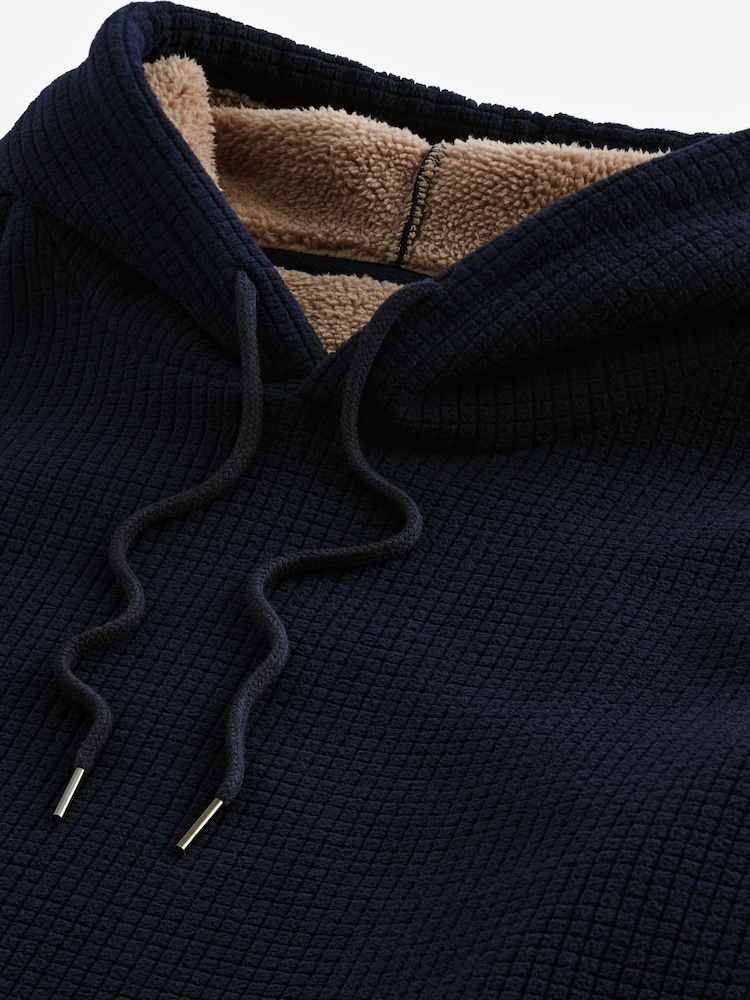 Navy Blue Overhead Fleece Borg Lined Textured Hoodie - Image 10 of 10