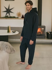 Navy Blue Overhead Fleece Borg Lined Textured Hoodie - Image 2 of 10