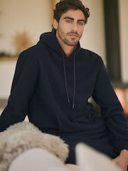 Navy Blue Overhead Fleece Borg Lined Textured Hoodie - Image 3 of 10
