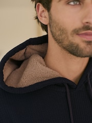 Navy Blue Overhead Fleece Borg Lined Textured Hoodie - Image 6 of 10