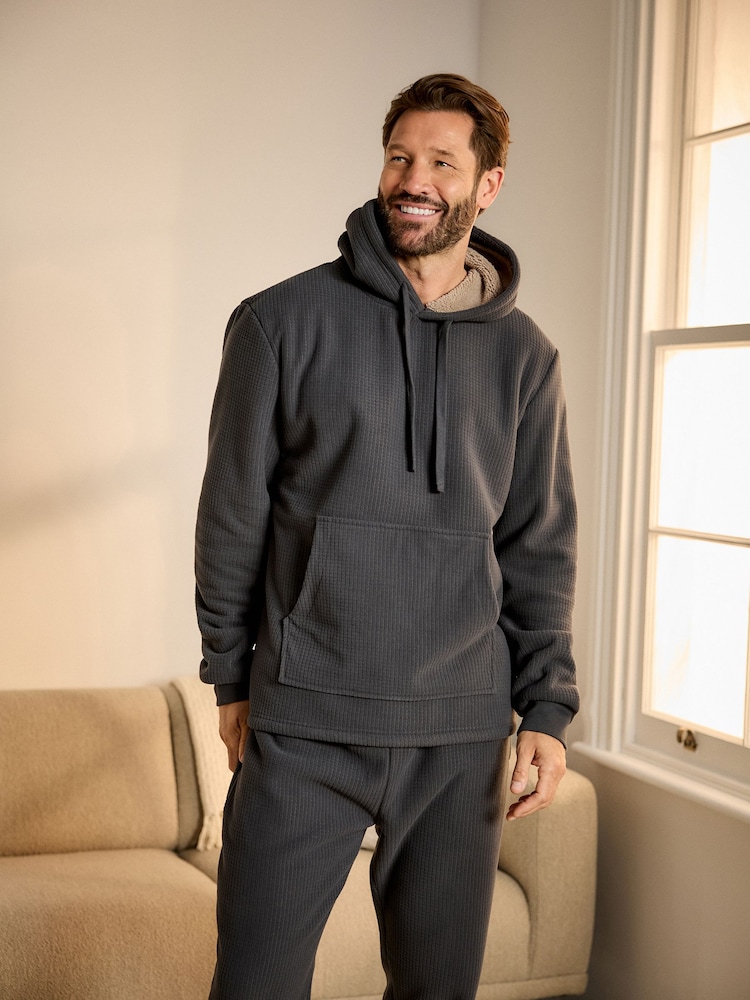 Slate Grey Overhead Fleece Borg Lined Textured Hoodie - Image 1 of 6
