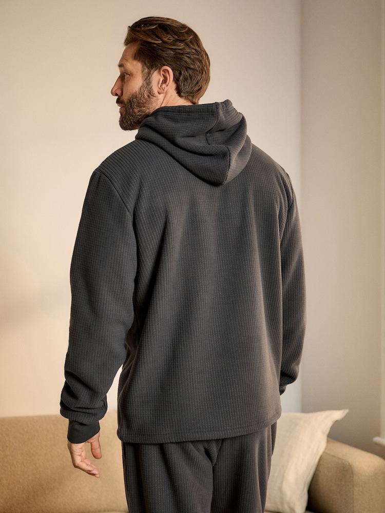 Slate Grey Overhead Fleece Borg Lined Textured Hoodie - Image 2 of 6