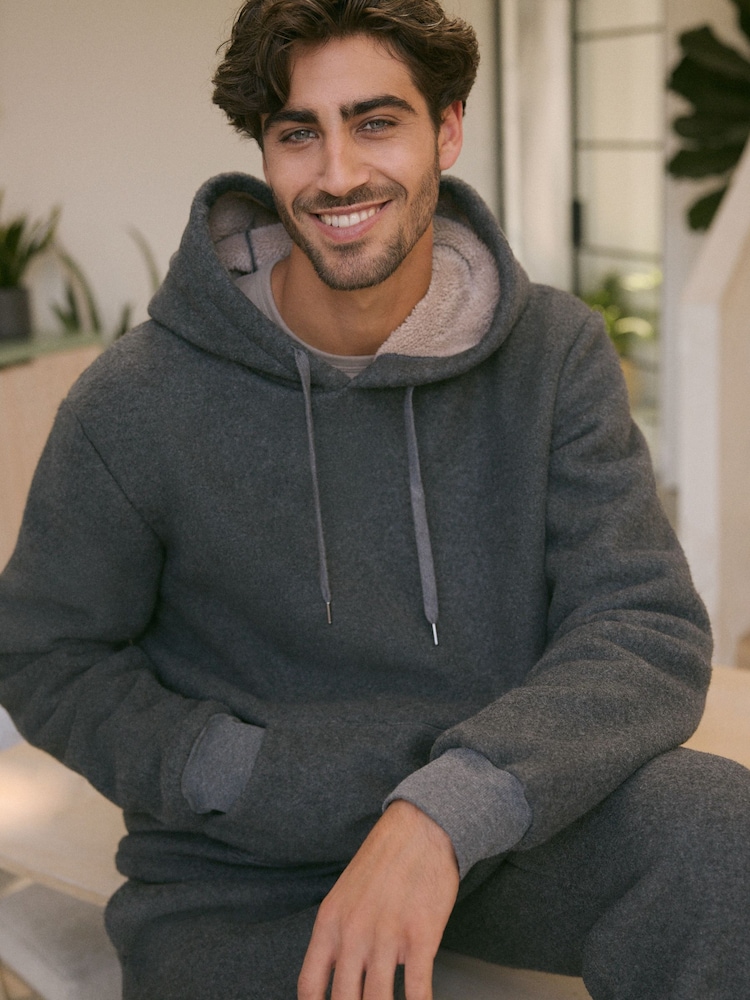 Slate Grey Fleece Borg Lined Brushed Hoodie - Image 1 of 10