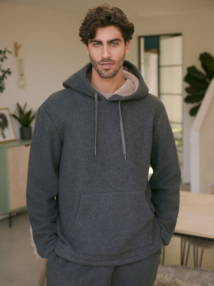 Slate Grey Fleece Borg Lined Brushed Hoodie - Image 2 of 10