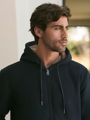 Navy Blue Zip Through Fleece Borg Lined Textured Hoodie - Image 1 of 7