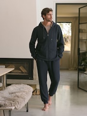 Navy Blue Zip Through Fleece Borg Lined Textured Hoodie - Image 2 of 7