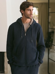 Navy Blue Zip Through Fleece Borg Lined Textured Hoodie - Image 3 of 7
