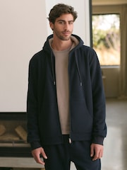 Navy Blue Zip Through Fleece Borg Lined Textured Hoodie - Image 4 of 7
