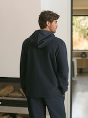Navy Blue Zip Through Fleece Borg Lined Textured Hoodie - Image 5 of 7