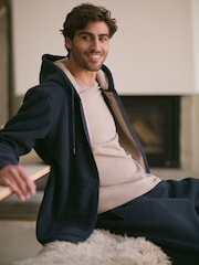 Navy Blue Zip Through Fleece Borg Lined Textured Hoodie - Image 6 of 7
