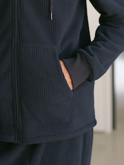 Navy Blue Zip Through Fleece Borg Lined Textured Hoodie - Image 7 of 7