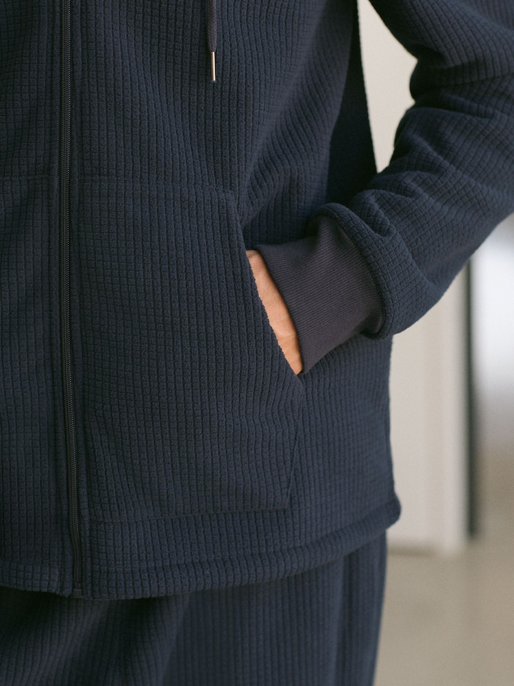 Navy Blue Zip Through Fleece Borg Lined Textured Hoodie - Image 7 of 7