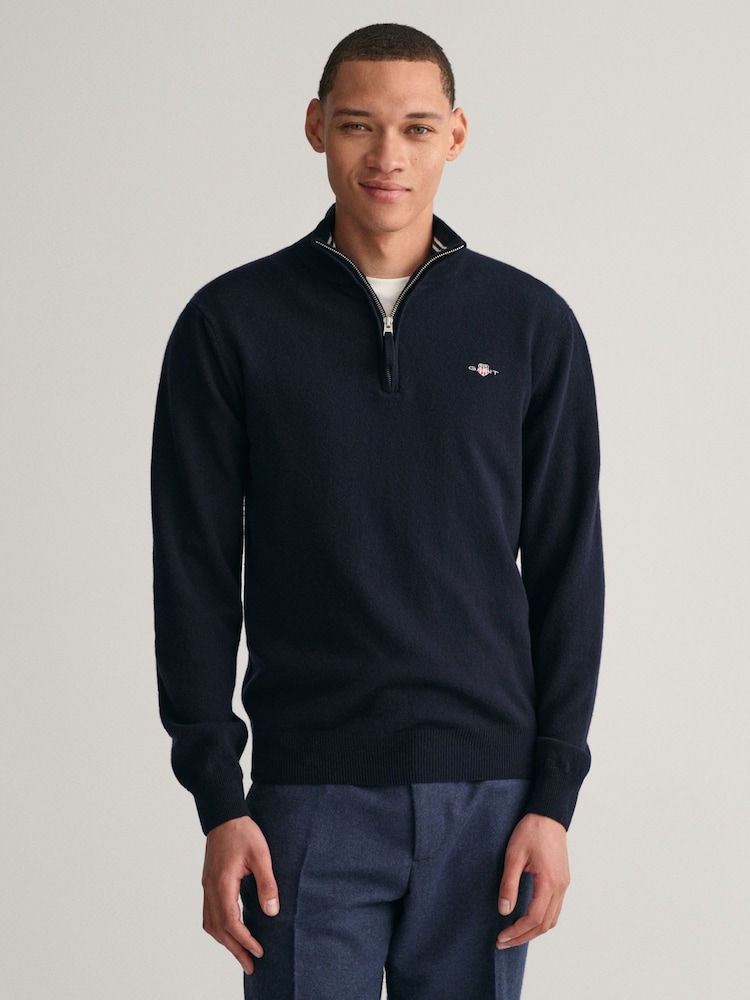 GANT Marine Blue Superfine Lambswool Quarter Zip Jumper - Image 1 of 5