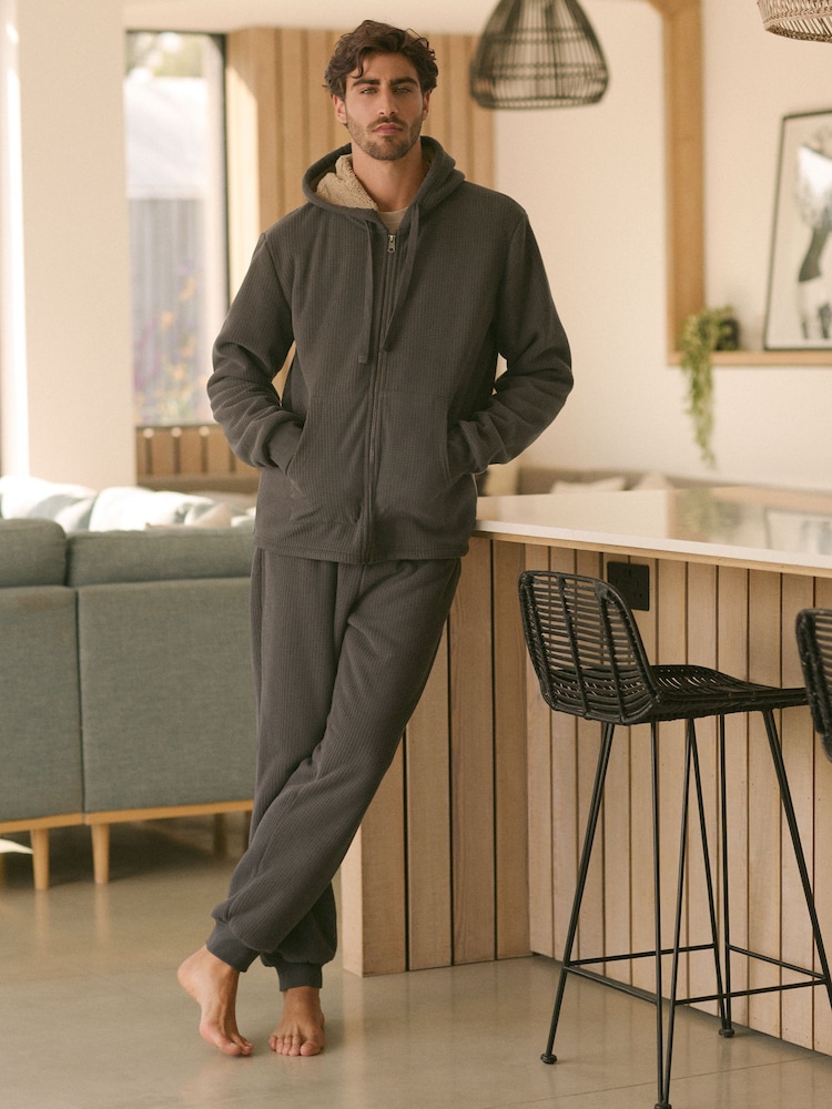 Slate Grey Fleece Borg Lined Textured Hoodie - Image 2 of 4