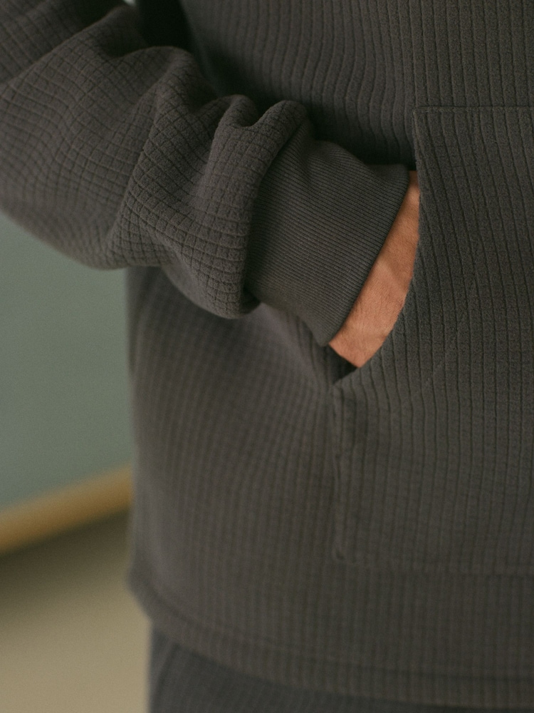 Slate Grey Fleece Borg Lined Textured Hoodie - Image 4 of 4