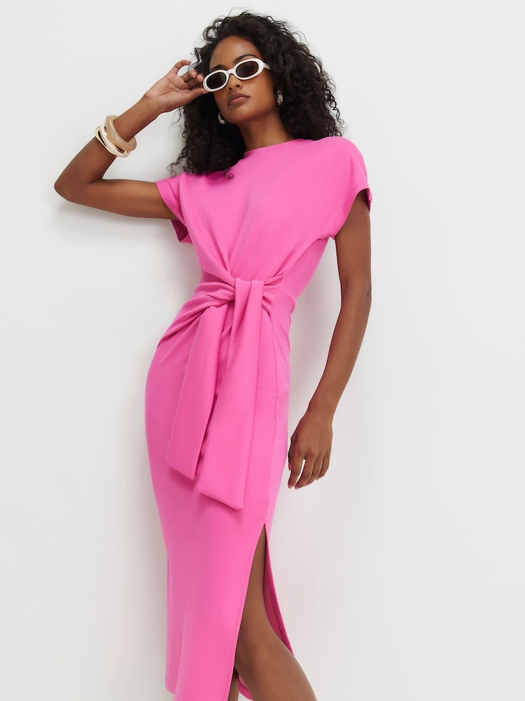 River Island Pink Premium Short Sleeve Tie Side Midi Dress - Image 1 of 4