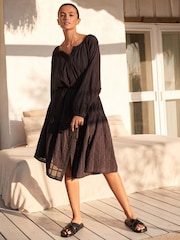 Black Textured 100% Cotton Beach Shirt Dress - Image 1 of 7