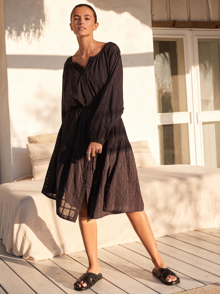 Black Textured 100% Cotton Beach Shirt Dress - Image 1 of 7