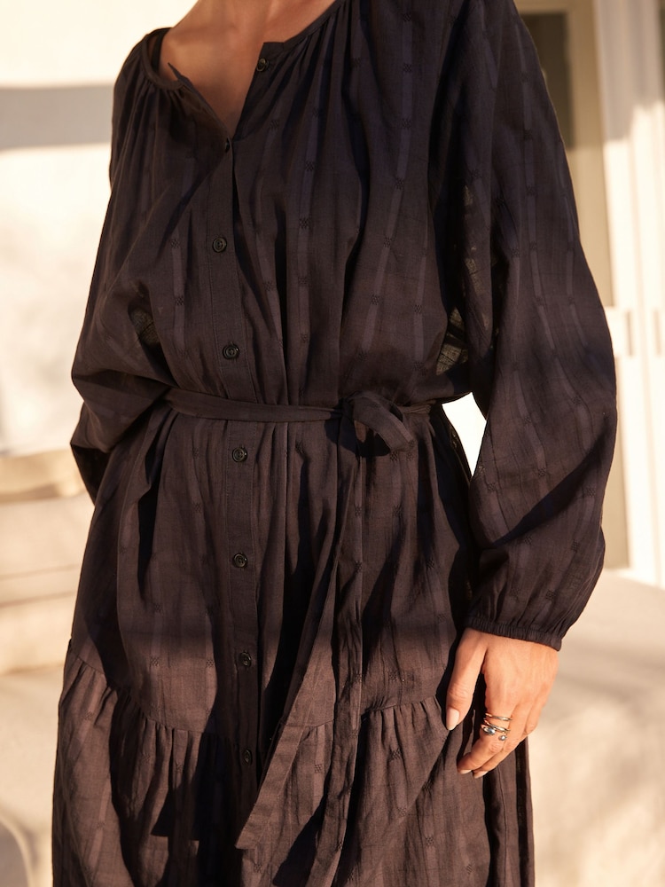 Black Textured 100% Cotton Beach Shirt Dress - Image 4 of 7
