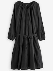 Black Textured 100% Cotton Beach Shirt Dress - Image 6 of 7
