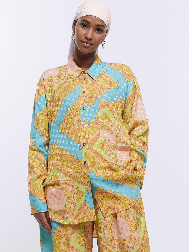 River Island Oversized Blue Scarf Print Shirt - Image 1 of 6