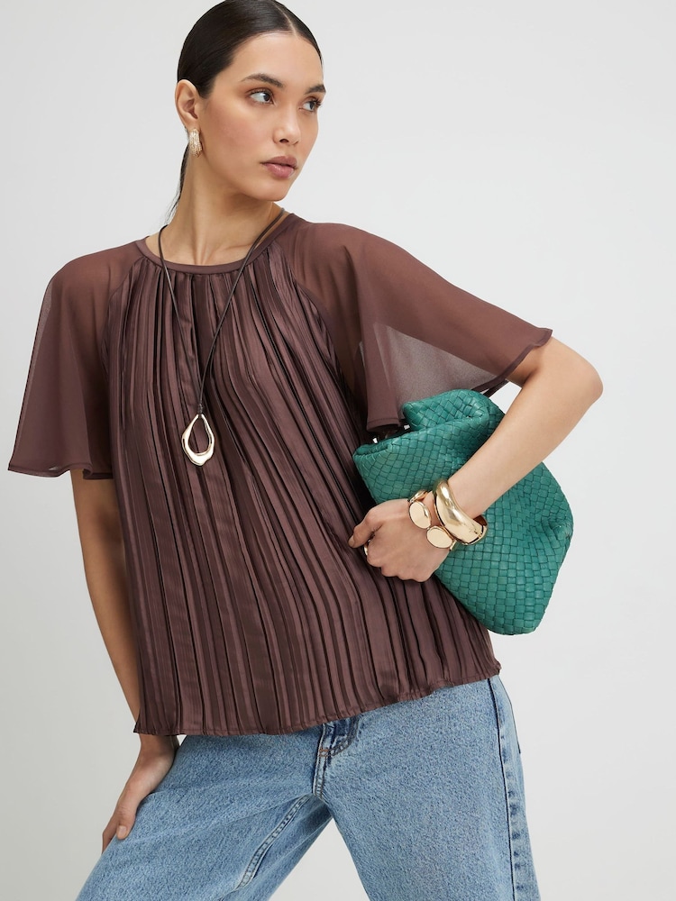 River Island Brown Short Sleeve Pleated Hybrid T-Shirt - Image 1 of 4