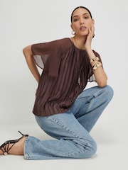 River Island Brown Short Sleeve Pleated Hybrid T-Shirt - Image 4 of 4