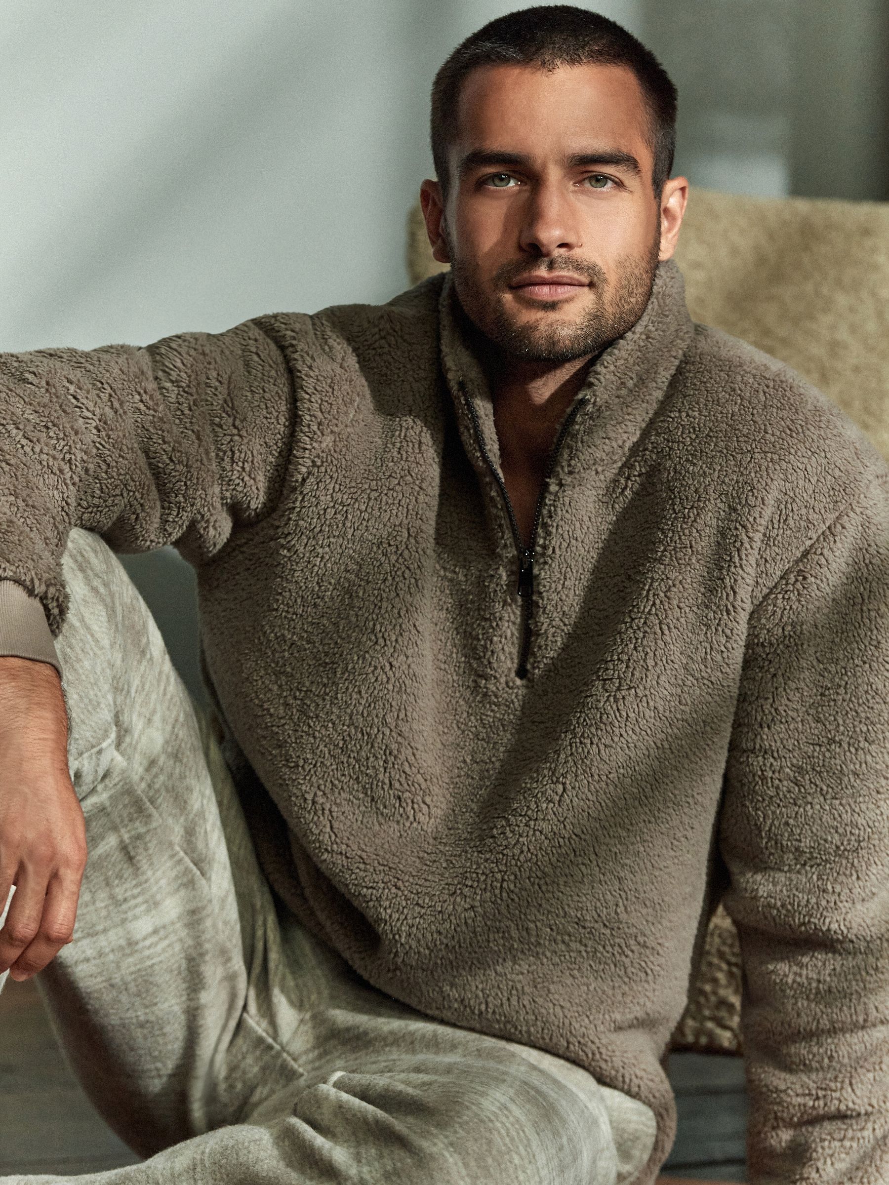 Buy Stone Neutral Fleece Borg Quarter Zip Neck Top from Next Luxembourg