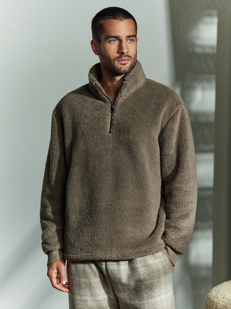 Stone Neutral Fleece Borg Quarter Zip Neck Top - Image 2 of 6