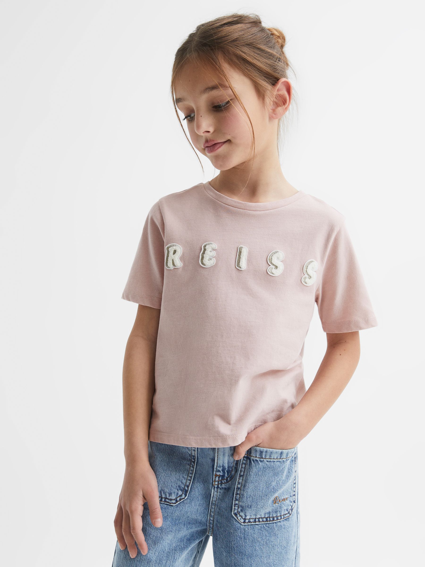 Reiss Pale Pink Bobbi Motif Crew Neck T-Shirt - Image 1 of 6