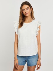 Threadbare White 100% Cotton Broderie Frill Sleeve Blouse - Image 1 of 12