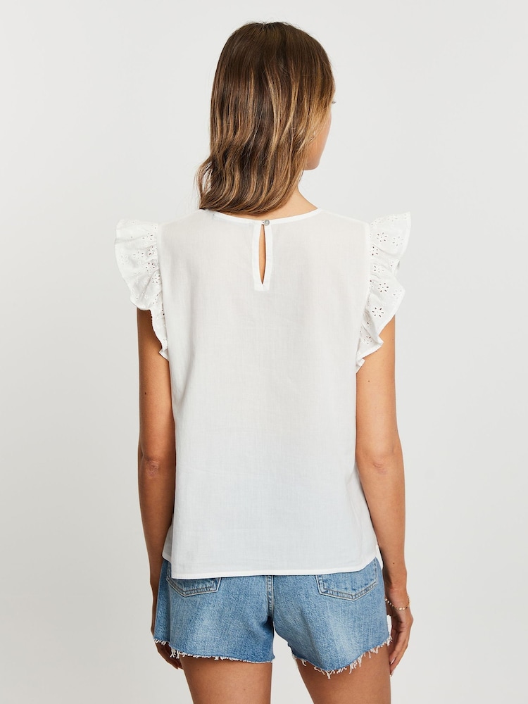 Threadbare White 100% Cotton Broderie Frill Sleeve Blouse - Image 2 of 12