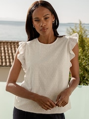 Threadbare White 100% Cotton Broderie Frill Sleeve Blouse - Image 5 of 12