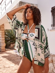 Green Tile Print Short Kimono Cover-Up - Image 1 of 6