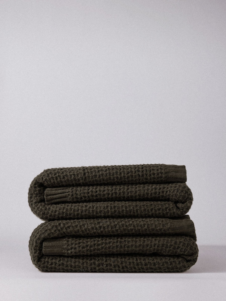 The Set 2 Pack Olive Green Ribbed Waffle Knitted Throws - Image 1 of 4 The Set 2 Pack Olive Green Ribbed Waffle Knitted Throws - Image 1 of 4