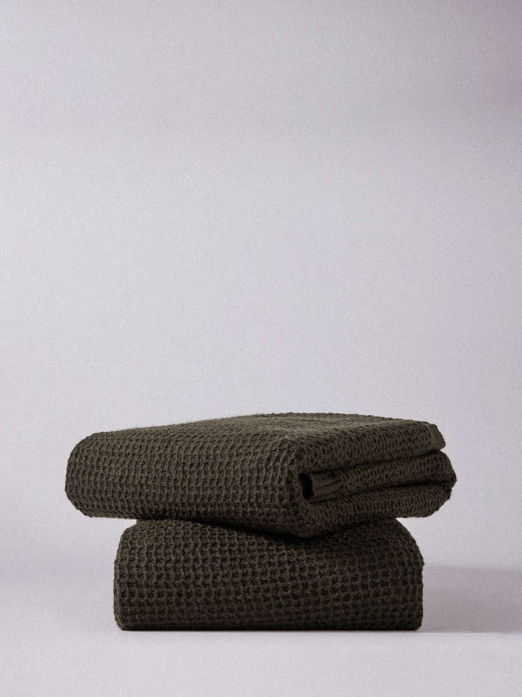 The Set 2 Pack Olive Green Ribbed Waffle Knitted Throws - Image 2 of 4 The Set 2 Pack Olive Green Ribbed Waffle Knitted Throws - Image 2 of 4