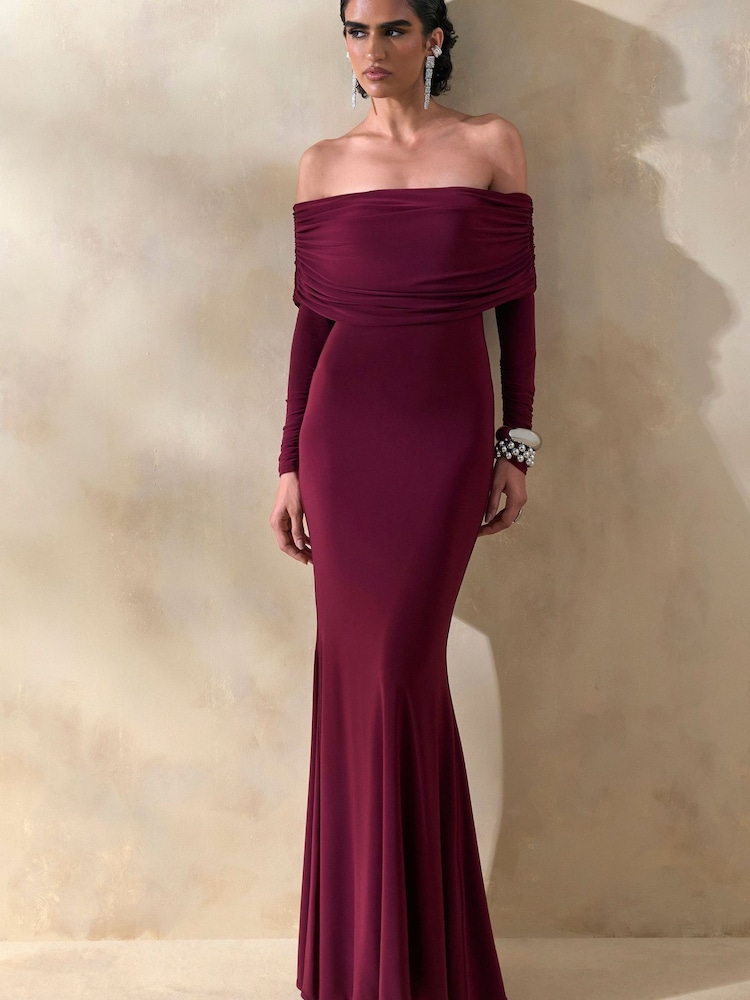 Club L London Red Brisea Burgundy Bardot Neck Maxi Dress - Image 1 of 5 Club L London Red Brisea Burgundy Bardot Neck Maxi Dress - Image 1 of 5