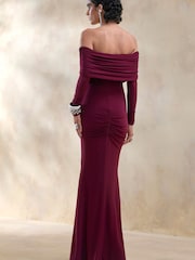 Club L London Red Brisea Burgundy Bardot Neck Maxi Dress - Image 2 of 5