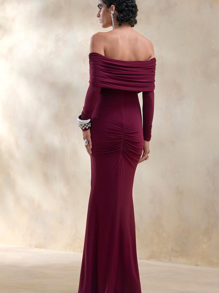Club L London Red Brisea Burgundy Bardot Neck Maxi Dress - Image 2 of 5 Club L London Red Brisea Burgundy Bardot Neck Maxi Dress - Image 2 of 5