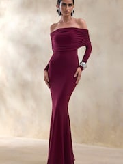 Club L London Red Brisea Burgundy Bardot Neck Maxi Dress - Image 3 of 5