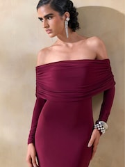 Club L London Red Brisea Burgundy Bardot Neck Maxi Dress - Image 4 of 5