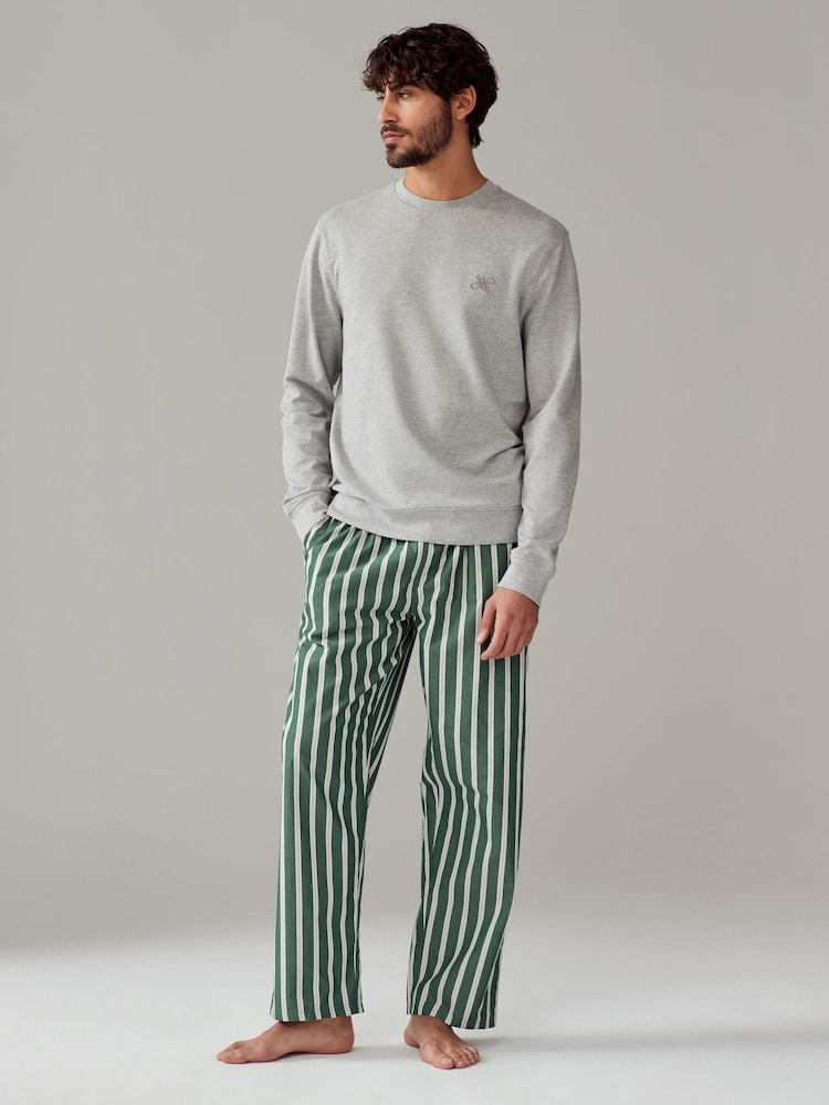 Grey/Green Stripe Woven Sweatshirt Pyjamas Set - Image 1 of 9