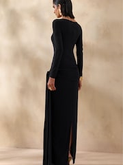 Club L London Black Astrielle Wide-Neck Dress With Gold-Detail And Sash - Image 2 of 6
