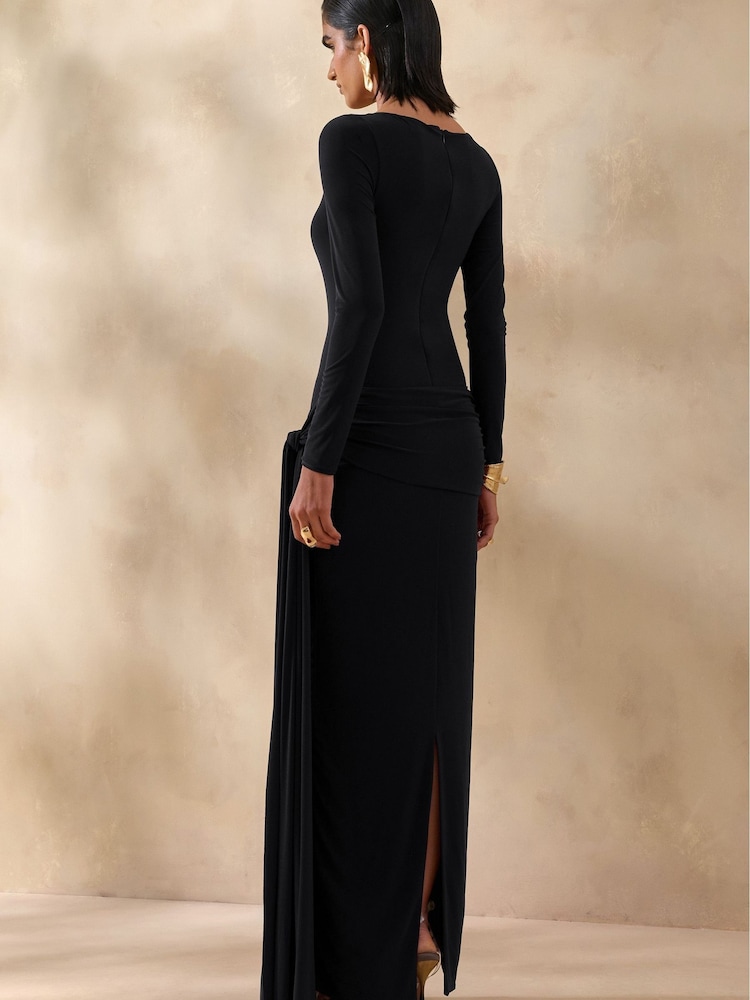 Club L London Black Astrielle Wide-Neck Dress With Gold-Detail And Sash - Image 2 of 6 Club L London Black Astrielle Wide-Neck Dress With Gold-Detail And Sash - Image 2 of 6