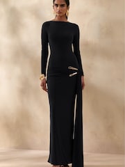 Club L London Black Astrielle Wide-Neck Dress With Gold-Detail And Sash - Image 3 of 6