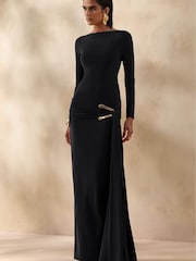 Club L London Black Astrielle Wide-Neck Dress With Gold-Detail And Sash - Image 4 of 6