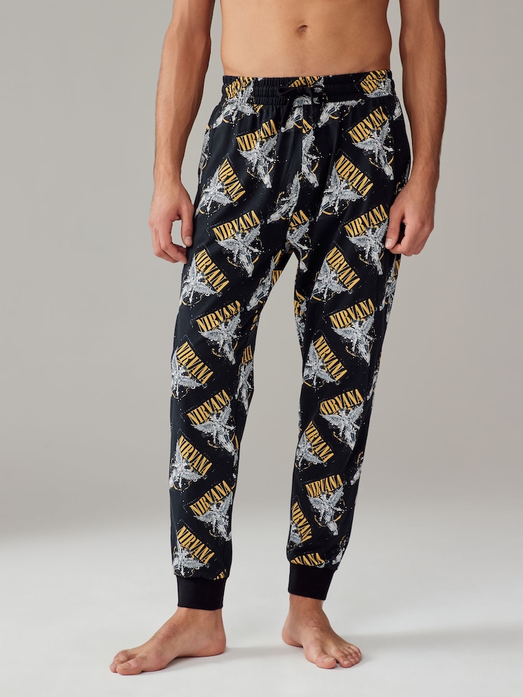 Black/Gold 100% Cotton Nirvana Band Graphic Pyjama Bottoms - Image 1 of 8