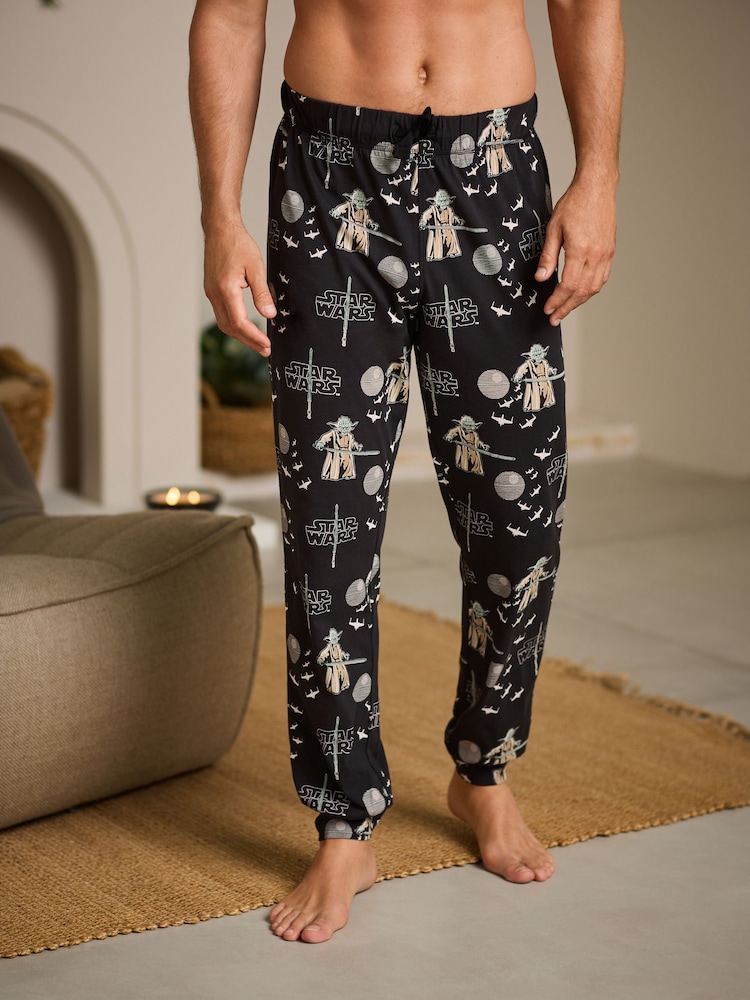 Black 100% Cotton Yoda Star Wars Christmas License Pyjama Bottoms - Image 1 of 7