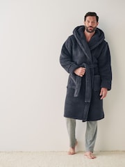 Slate Grey Fleece Borg Hooded Dressing Gown - Image 1 of 5