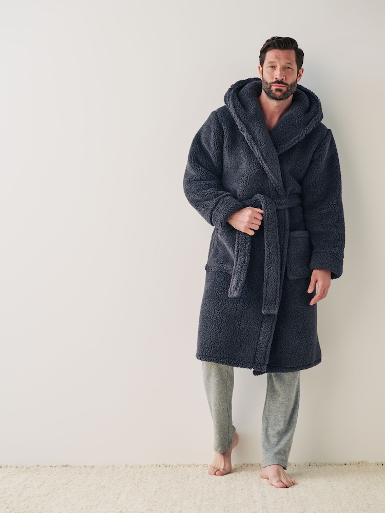 Slate Grey Fleece Borg Hooded Dressing Gown - Image 1 of 5
